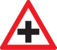 Triangular warning sign: crossroads ahead